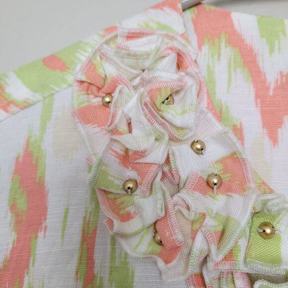 Ruby Rd. Women's Button-Up Top 14P White and Pink Linen Long Sleeves Ruffle Neck - Picture 5 of 8